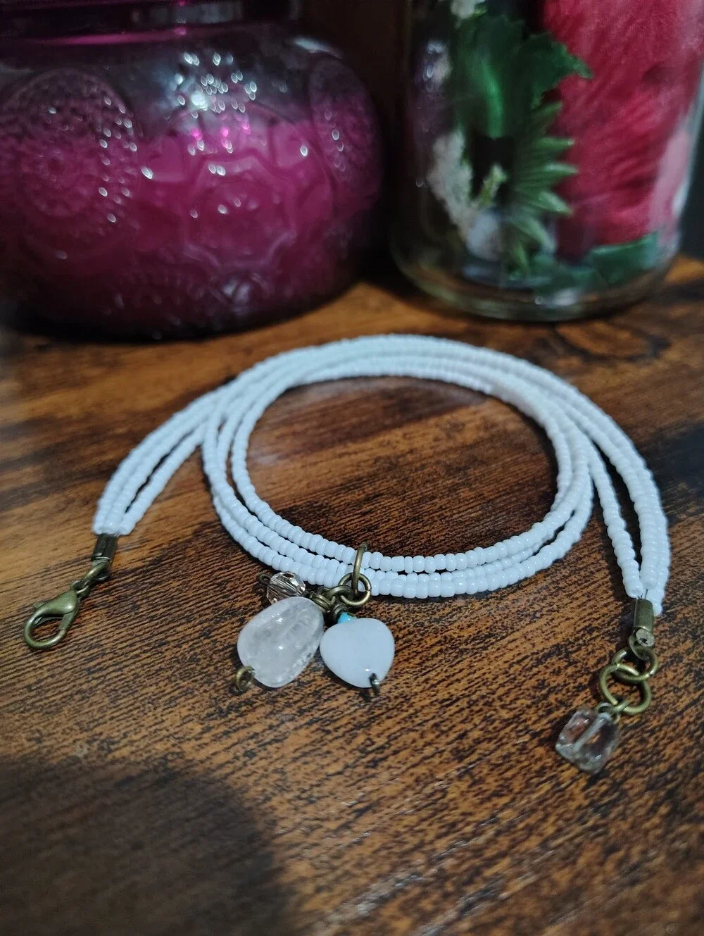 White Beaded Triple Strand Necklace With Charm Pendant,  Handmade Necklace
